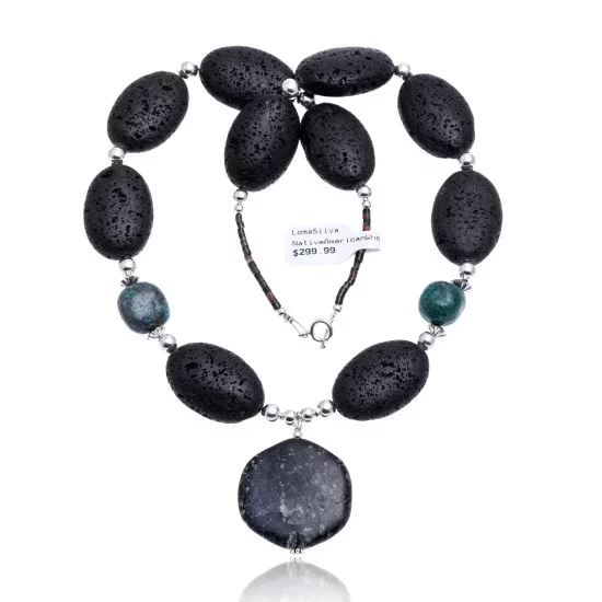 Natural Turquoise and Jasper .925 Sterling Silver Certified Authentic Navajo Native American Necklace 15409-39