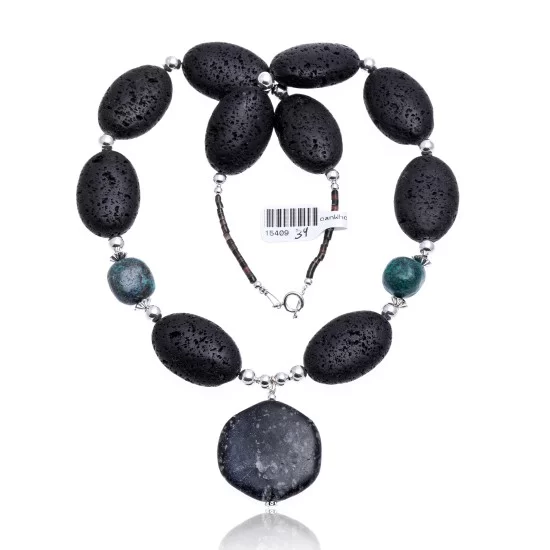 Natural Turquoise and Jasper .925 Sterling Silver Certified Authentic Navajo Native American Necklace 15409-39