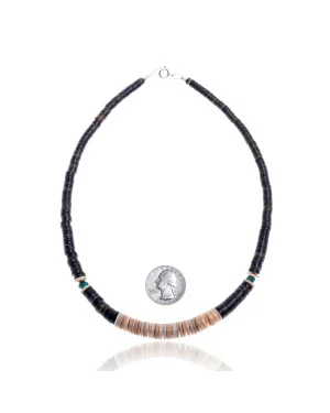 Natural Turquoise and Graduated Hishi .925 Sterling Silver Certified Authentic Navajo Native American Necklace 15804-2 Natural Turquoise and Graduated Hishi .925 Sterling Silver Certified Authentic Navajo Native American Necklace 15804-2