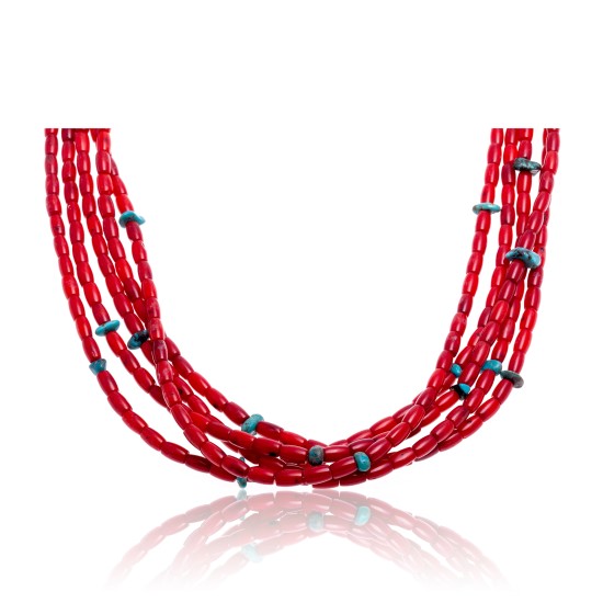 Natural Turquoise and Coral .925 Sterling Silver Certified Authentic Navajo Native American 5 Strand Necklace 15809-20 Natural Turquoise and Coral .925 Sterling Silver Certified Authentic Navajo Native American 5 Strand Necklace 15809-20