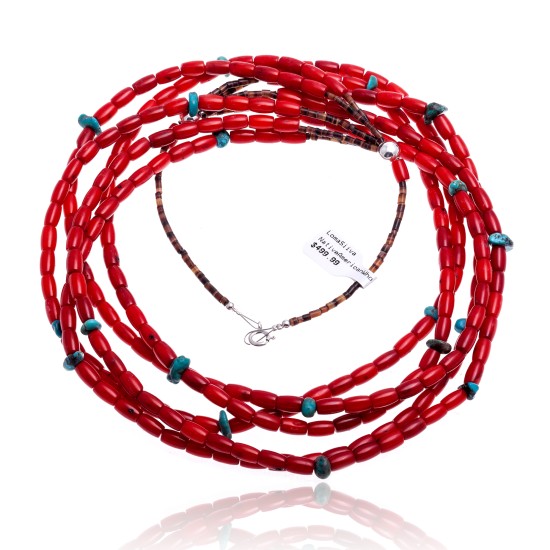 Natural Turquoise and Coral .925 Sterling Silver Certified Authentic Navajo Native American 5 Strand Necklace 15809-20 Natural Turquoise and Coral .925 Sterling Silver Certified Authentic Navajo Native American 5 Strand Necklace 15809-20