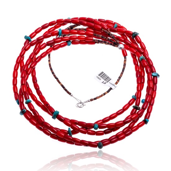 Natural Turquoise and Coral .925 Sterling Silver Certified Authentic Navajo Native American 5 Strand Necklace 15809-20 Natural Turquoise and Coral .925 Sterling Silver Certified Authentic Navajo Native American 5 Strand Necklace 15809-20
