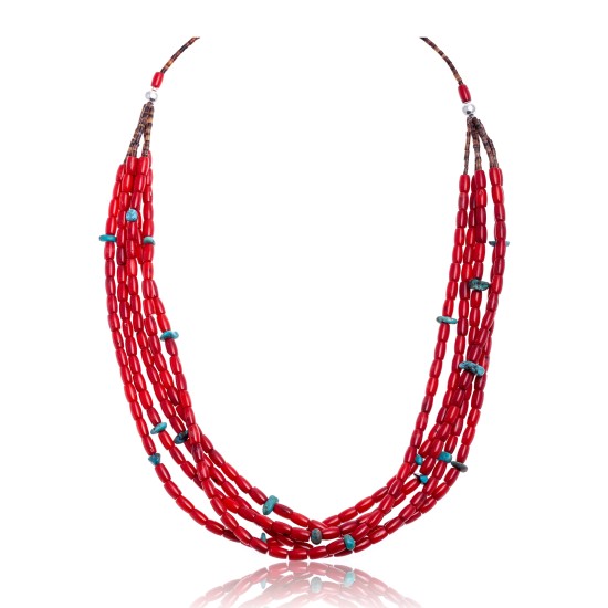 Natural Turquoise and Coral .925 Sterling Silver Certified Authentic Navajo Native American 5 Strand Necklace 15809-20