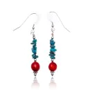 Natural Turquoise and Coral .925 Sterling Silver Hooks Certified Authentic Navajo Native American Dangle Earrings 18070