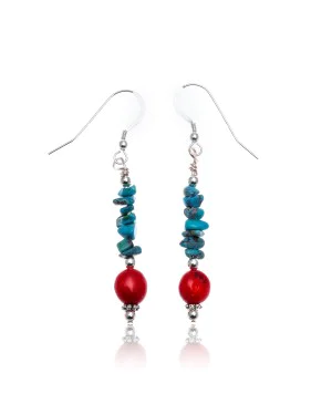 Natural Turquoise and Coral .925 Sterling Silver Hooks Certified Authentic Navajo Native American Dangle Earrings 18070