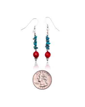 Natural Turquoise and Coral .925 Sterling Silver Hooks Certified Authentic Navajo Native American Dangle Earrings 18070