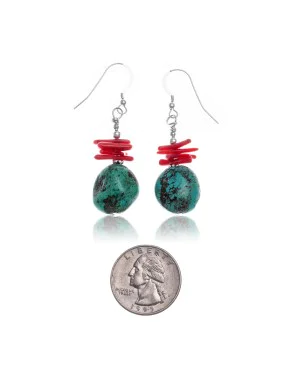 Natural Turquoise Coral .925 Sterling Silver Hooks Certified Authentic Navajo Native American Dangle Earrings 18294-12