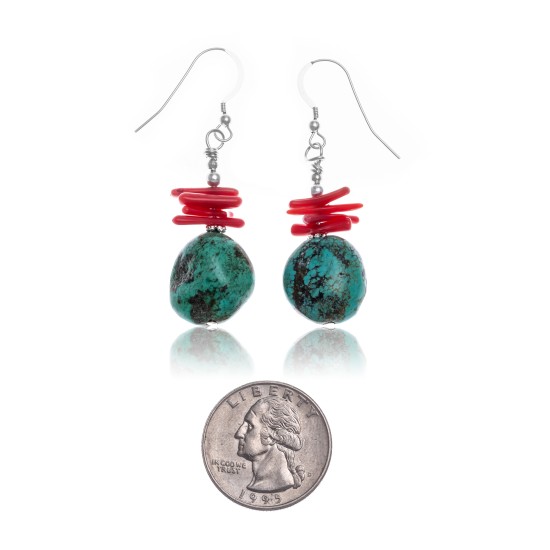 Natural Turquoise Coral .925 Sterling Silver Hooks Certified Authentic Navajo Native American Dangle Earrings 18294-12 All Products NB160528030918 18294-12 (by LomaSiiva)