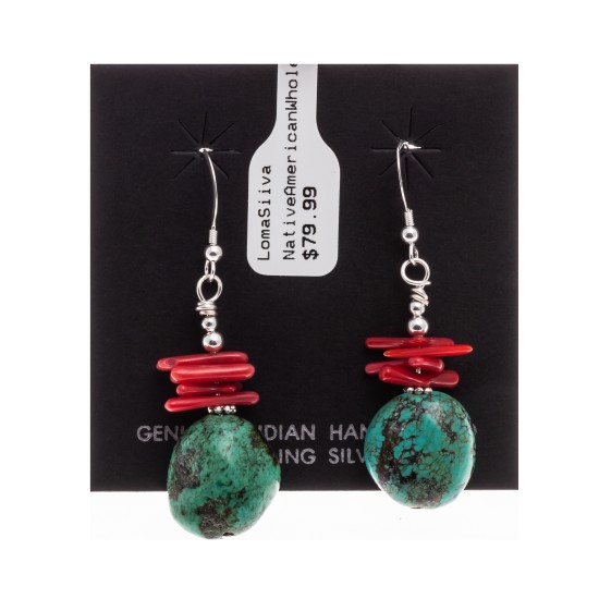 Natural Turquoise Coral .925 Sterling Silver Hooks Certified Authentic Navajo Native American Dangle Earrings 18294-12 All Products NB160528030918 18294-12 (by LomaSiiva)