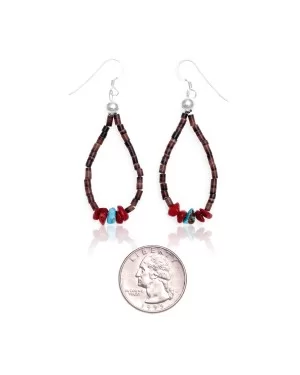 Natural Turquoise and Coral .925 Sterling Silver Hooks Certified Authentic Navajo Native American Hoop Dangle Earrings 18337 Natural Turquoise and Coral .925 Sterling Silver Hooks Certified Authentic Navajo Native American Hoop Dangle Earrings 18337