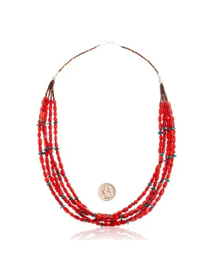 Natural Turquoise and Coral .925 Sterling Silver Certified Authentic Navajo Native American 5 Strand Necklace  25278-0