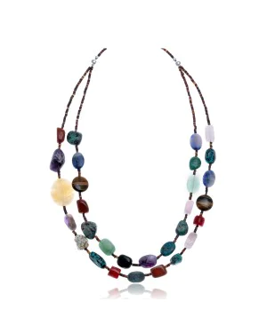 Natural Turquoise Multicolor .925 Sterling Silver Certified Authentic Navajo Native American 2 Strand Necklace 25283-1