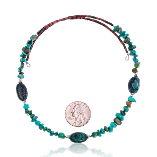 Natural Turquoise Certified Authentic Navajo Native American Adjustable 3 Stone Choker Wrap Necklace 25498