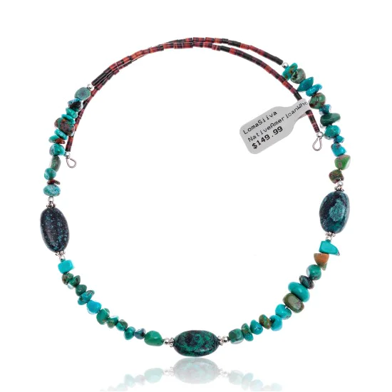 Natural Turquoise Certified Authentic Navajo Native American Adjustable 3 Stone Choker Wrap Necklace 25498