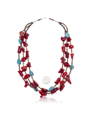 Natural Turquoise, Coral .925 Sterling Silver Certified Authentic Navajo Native American 3 Strand Necklace 25507 Natural Turquoise, Coral .925 Sterling Silver Certified Authentic Navajo Native American 3 Strand Necklace 25507
