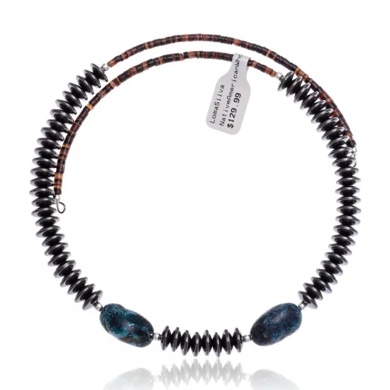 Natural Turquoise and Hematite Certified Authentic Navajo Native American Adjustable Choker Wrap Necklace and Chain 25560 Natural Turquoise and Hematite Certified Authentic Navajo Native American Adjustable Choker Wrap Necklace and Chain 25560