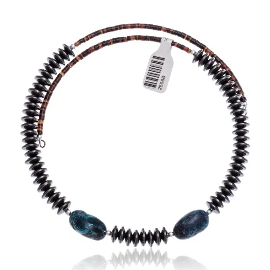 Natural Turquoise and Hematite Certified Authentic Navajo Native American Adjustable Choker Wrap Necklace and Chain 25560 Natural Turquoise and Hematite Certified Authentic Navajo Native American Adjustable Choker Wrap Necklace and Chain 25560