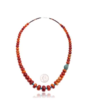 Limited Edition Natural Turquoise and Apple Sponge Coral .925 Sterling Silver Certified Authentic Navajo Native American Necklace 25570 Limited Edition Natural Turquoise and Apple Sponge Coral .925 Sterling Silver Certified Authentic Navajo Native American Necklace 25570