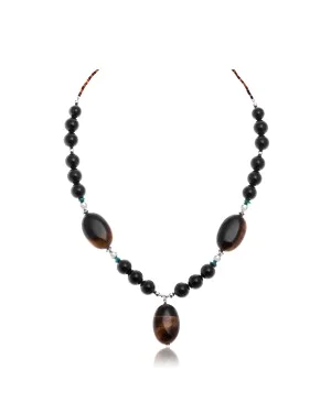 Natural Black Onyx Turquoise Tigers Eye .925 Sterling Silver Certified Authentic Navajo Native American Necklace 370847177388