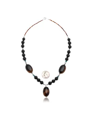 Natural Black Onyx Turquoise Tigers Eye .925 Sterling Silver Certified Authentic Navajo Native American Necklace 370847177388