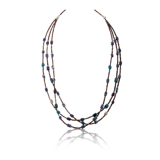 3 Strand .925 Sterling Silver Certified Authentic Navajo Native American Turquoise and Lapis Necklace 371029683838