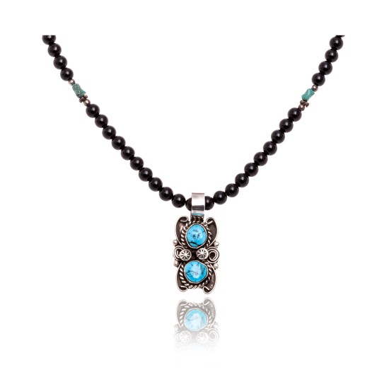 .925 Sterling Silver Certified Authentic Handmade Navajo Native American Natural Turquoise and Black Onyx Necklace & Pendant 390656330890