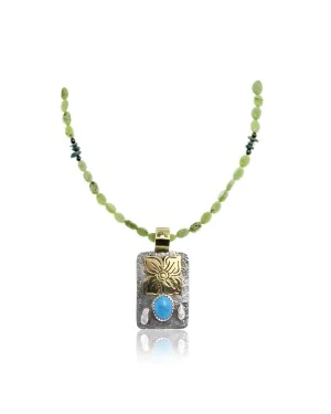 Flower and Sun Natural Turquoise .925 Sterling Silver and 12kt Gold Filled Certified Authentic Navajo Native American Handmade Necklace and Pendant 390733414301
