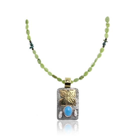 Flower and Sun Natural Turquoise .925 Sterling Silver and 12kt Gold Filled Certified Authentic Navajo Native American Handmade Necklace and Pendant 390733414301