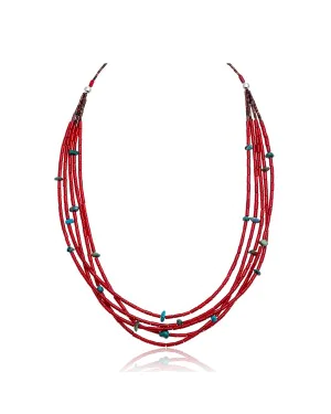 Natural Turquoise and Coral .925 Sterling Silver Certified Authentic Navajo Native American 5 Strand Necklace 390744496487