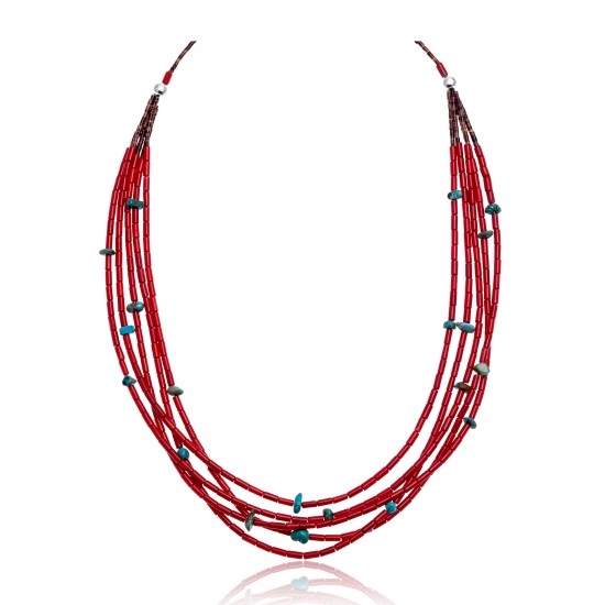 Natural Turquoise and Coral .925 Sterling Silver Certified Authentic Navajo Native American 5 Strand Necklace 390744496487