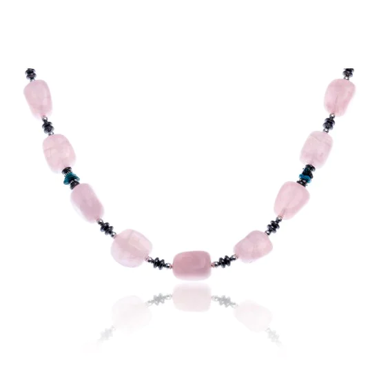 Pink Quartz Natural Turquoise Hematite .925 Sterling Silver Certified Authentic Navajo Native American Necklace 750192