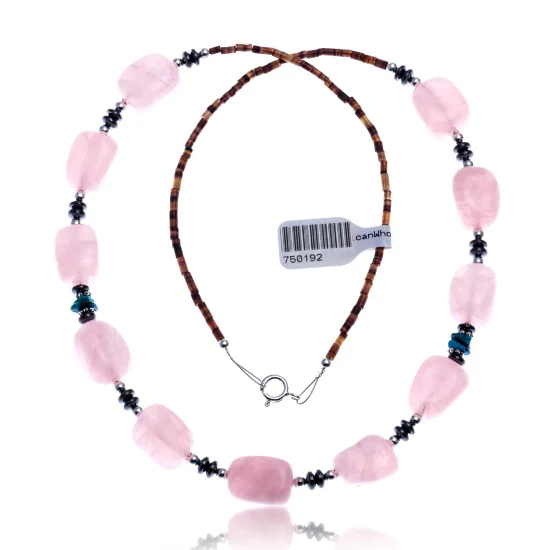 Pink Quartz Natural Turquoise Hematite .925 Sterling Silver Certified Authentic Navajo Native American Necklace 750192