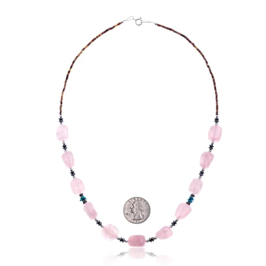 Pink Quartz Natural Turquoise Hematite .925 Sterling Silver Certified Authentic Navajo Native American Necklace 750192