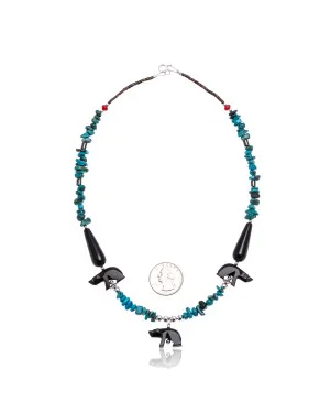 Bear Natural Turquoise and Coral .925 Sterling Silver Certified Authentic Navajo Native American Necklace 750226-5