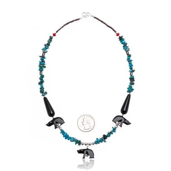 Bear Natural Turquoise and Coral .925 Sterling Silver Certified Authentic Navajo Native American Necklace 750226-5