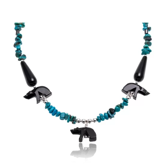 Bear Natural Turquoise and Coral .925 Sterling Silver Certified Authentic Navajo Native American Necklace 750226-5