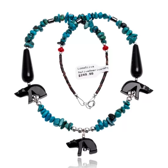 Bear Natural Turquoise and Coral .925 Sterling Silver Certified Authentic Navajo Native American Necklace 750226-5