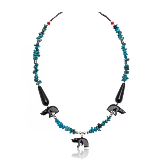 Bear Natural Turquoise and Coral .925 Sterling Silver Certified Authentic Navajo Native American Necklace 750226-5