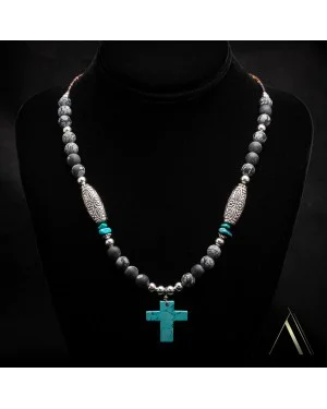 Cross Natural Turquoise Snowflake Obsidian .925 Sterling Silver Certified Authentic Navajo Native American Necklace 750237-8 Cross Natural Turquoise Snowflake Obsidian .925 Sterling Silver Certified Authentic Navajo Native American Necklace 750237-8
