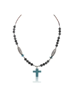 Cross Natural Turquoise Snowflake Obsidian .925 Sterling Silver Certified Authentic Navajo Native American Necklace 750237-8