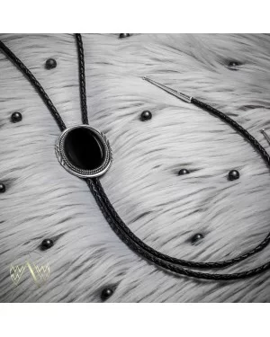 .925 Sterling Silver Certified Authentic Handmade Navajo Native American Black Onyx Leather Bolo Tie 1191-2