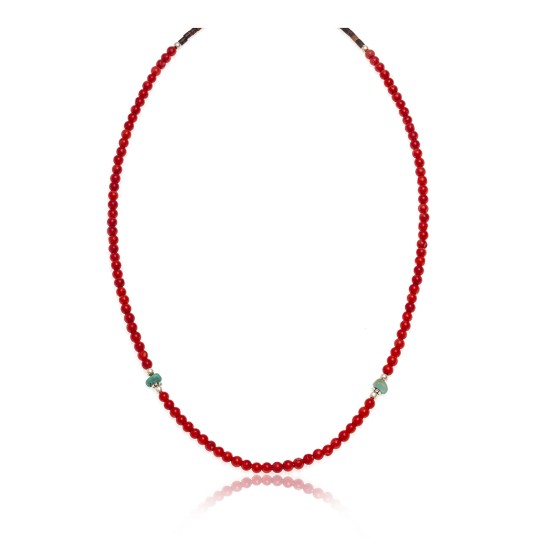 .925 Sterling Silver Certified Authentic Delicate Navajo Native American Natural Turquoise and Red Coral Chain Necklace 16039-3