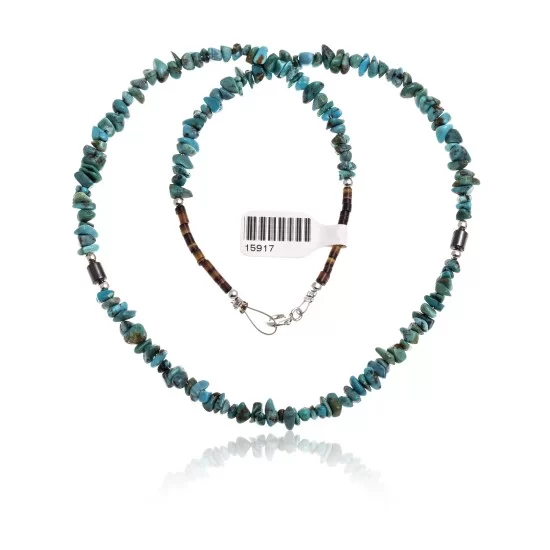 .925 Sterling Silver Certified Authentic Navajo Native American Natural Turquoise and Hematite Necklace  16072