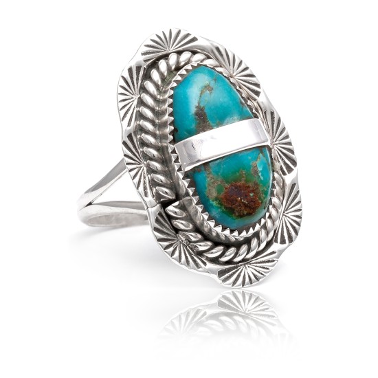 Sun .925 Sterling Silver Certified Authentic Handmade Navajo Native American Natural Turquoise Ring 17007-3