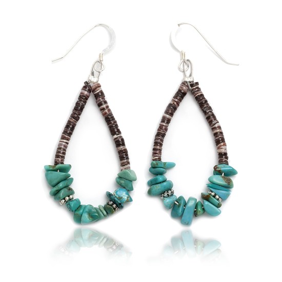 .925 Sterling Silver Hooks Certified Authentic Navajo Native American Natural Turquoise Heishi Hoop Dangle Earrings 18082
