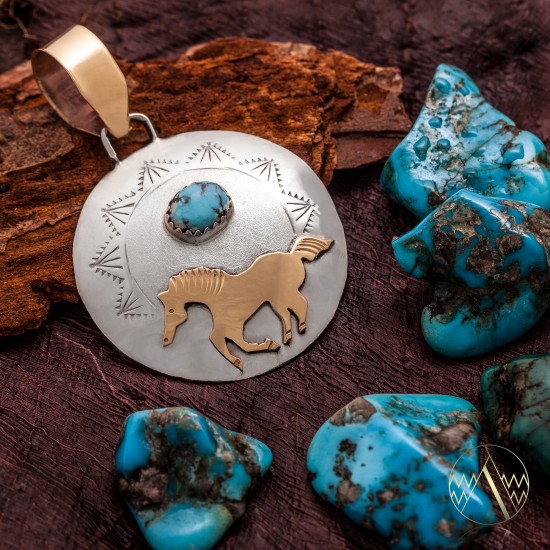 Horse 12kt Gold Filled and .925 Sterling Silver Certified Authentic Handmade Very Delicate Navajo Native American Natural Turquoise Pendant 24510-1