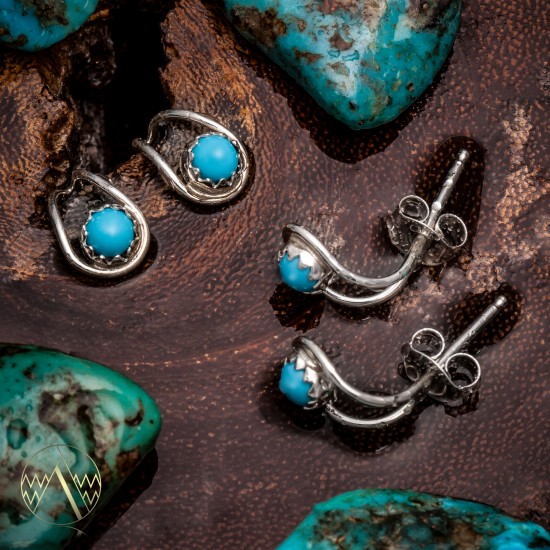 .925 Sterling Silver Certified Authentic Handmade Navajo Native American Natural Turquoise Delicate Stud Earrings 390914447151 All Products 27105-17 390914447151 (by LomaSiiva)