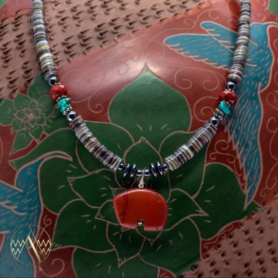 Bear Fetish .925 Sterling Silver Certified Authentic Navajo Native American Natural Turquoise Red Jasper Necklace and Pendant 750133-51