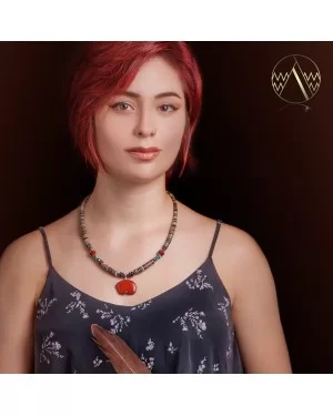 Bear Fetish .925 Sterling Silver Certified Authentic Navajo Native American Natural Turquoise Red Jasper Necklace and Pendant 750133-51