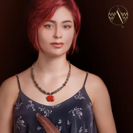 Bear Fetish .925 Sterling Silver Certified Authentic Navajo Native American Natural Turquoise Red Jasper Necklace and Pendant 750133-51